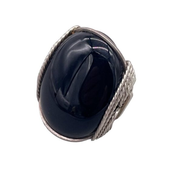 925 Sterling Silver Black Stone Cabochon Wire Wrapped Ring Size 5 - Picture 1 of 8